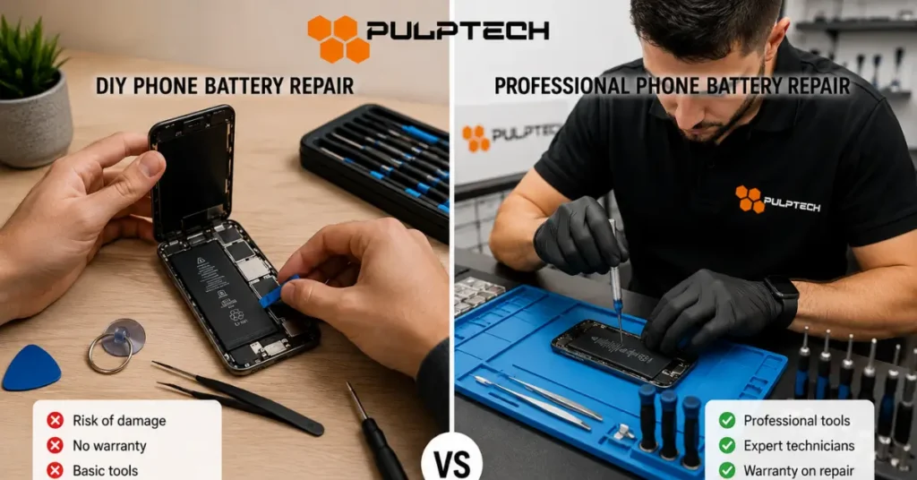 Side-by-side comparison of DIY smartphone battery replacement at home and professional phone battery repair by a technician in Gżira, Malta.