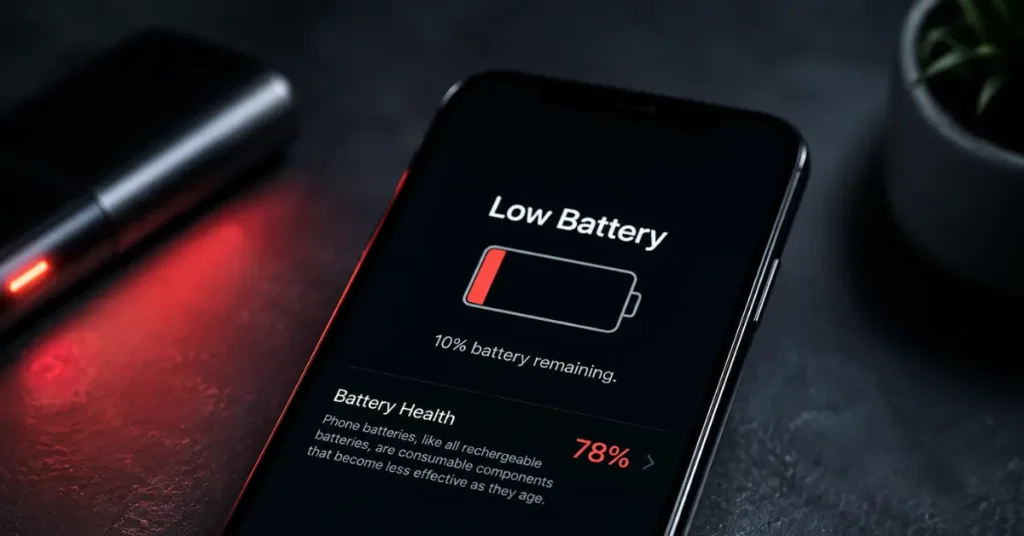 Close-up of a smartphone displaying a low battery warning and battery health indicator, highlighting the need for battery replacement in Gżira, Malta.