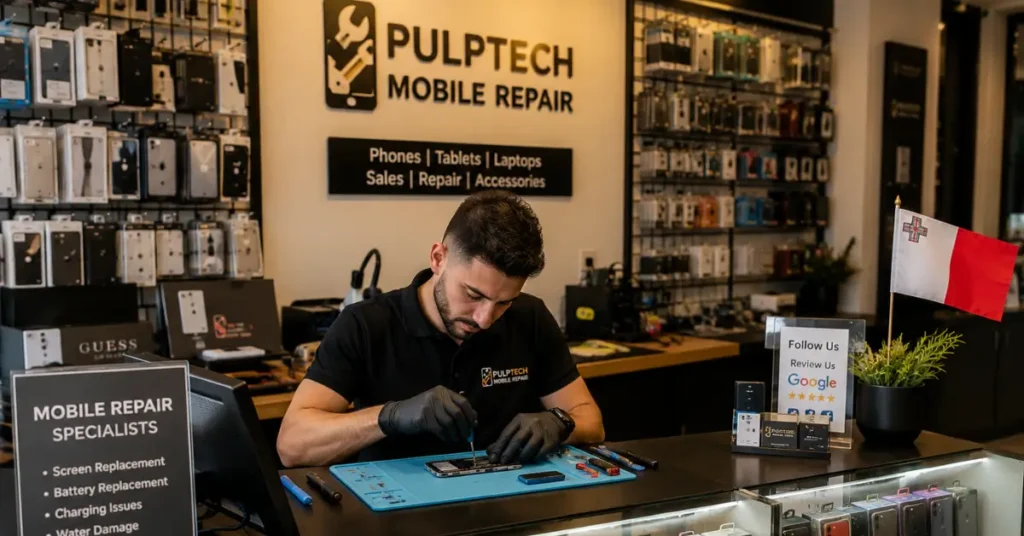Technician repairing a smartphone battery inside a professional mobile phone repair shop in Gżira, Malta with phone accessories displayed on shelves.