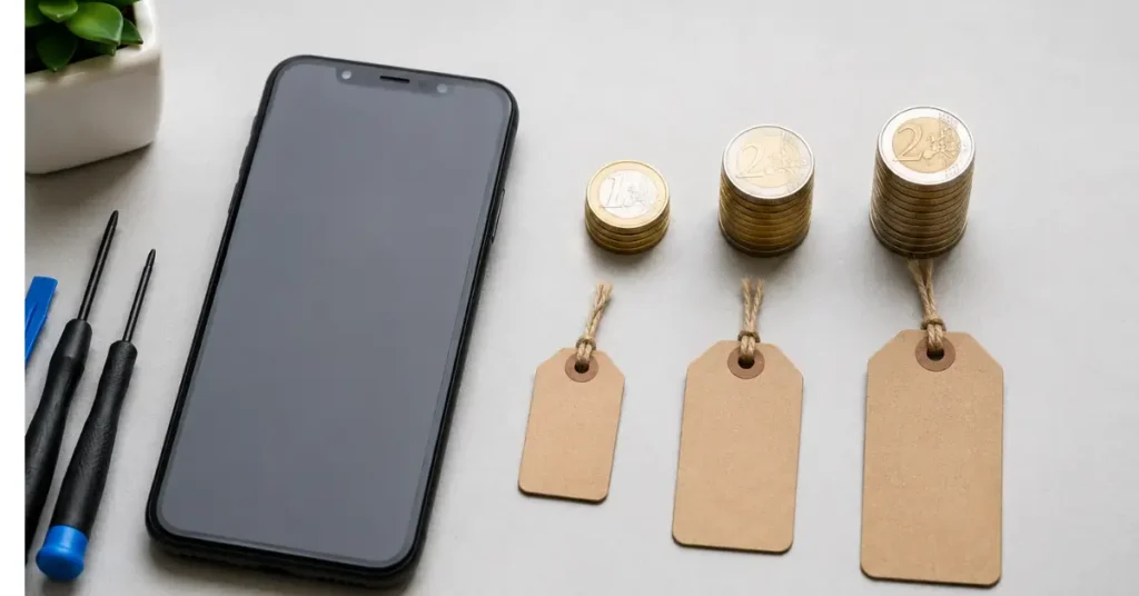 how Much Does a Battery Change Cost in Malta? | Flat-lay image of a smartphone, euro coins, and price tags illustrating smartphone battery replacement cost comparison in Gżira, Malta.