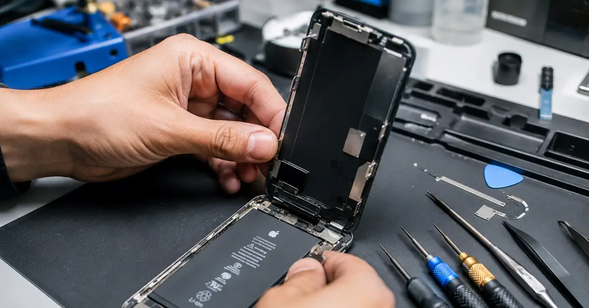 how Much Does a Battery Change Cost in Malta?| Technician replacing an iPhone battery with precision tools at a professional mobile phone repair shop in Gżira, Malta.