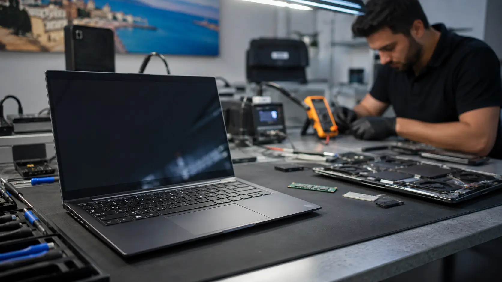 Laptop Repair Cost in Malta Laptop repair technician inspecting a laptop on a professional repair workbench in Malta