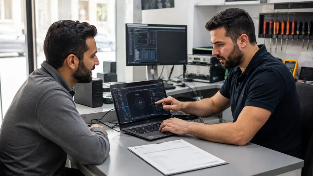 Laptop technician discussing diagnostic results and repair estimate with a customer in a professional Malta repair shop