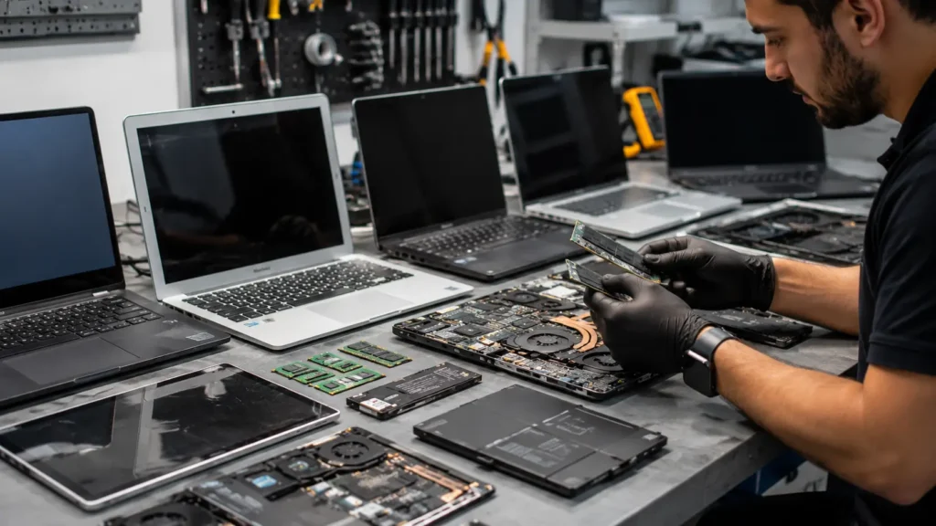 Technician comparing laptop components and replacement parts for different laptop models on a repair bench in Malta