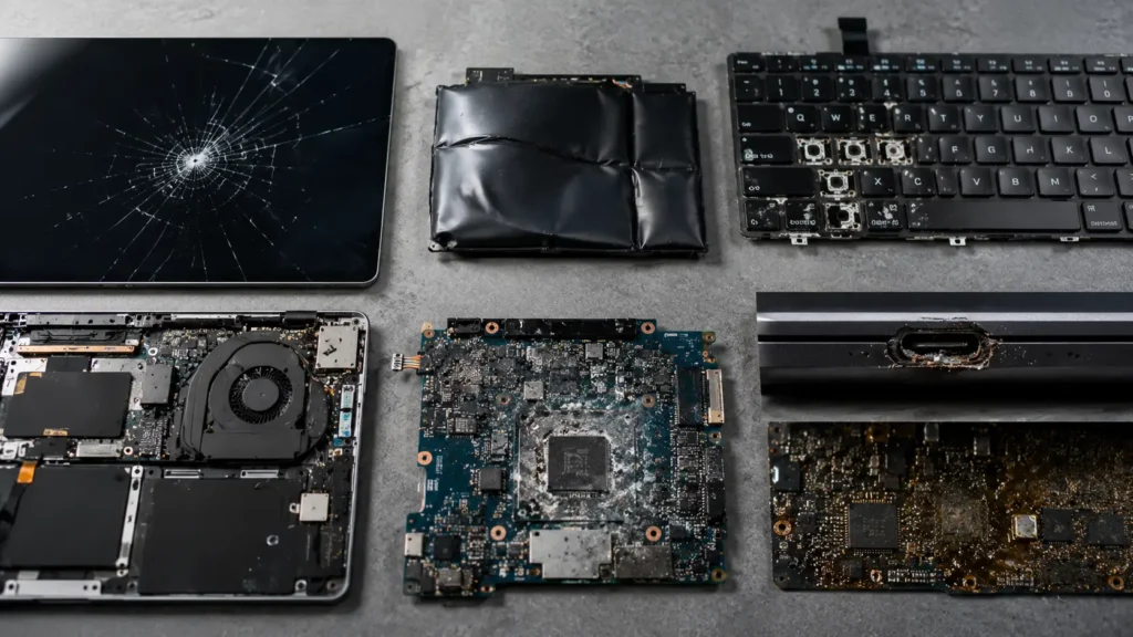 Flat lay of common laptop repair problems including cracked screen, damaged battery, broken keyboard, charging port, motherboard and liquid damage