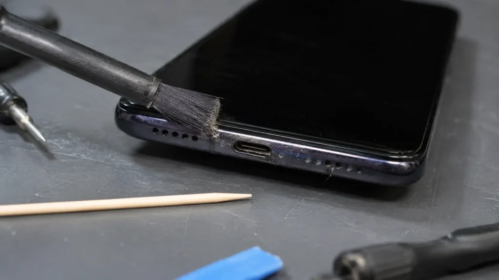 Huawei phone charging port being cleaned with an anti-static brush