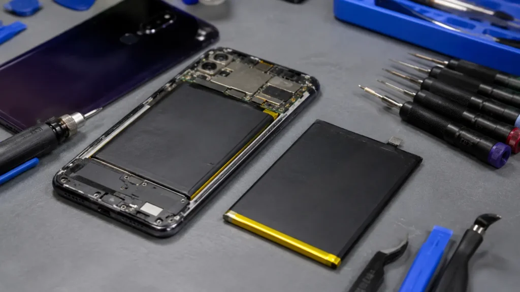 Huawei smartphone opened for battery diagnosis with replacement battery and repair tools