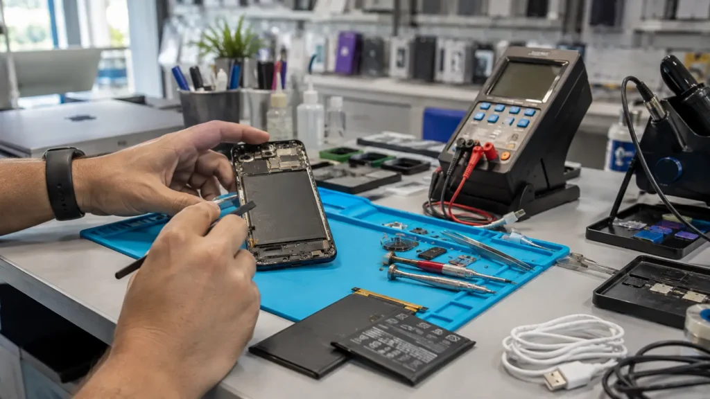 Huawei smartphone charging port and battery diagnosis at a professional repair shop in Malta