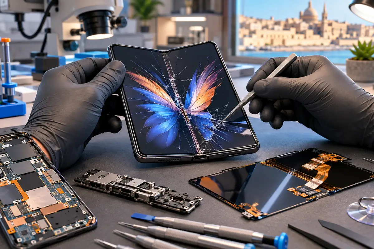 Professional foldable phone screen repair in Malta showing damaged flexible AMOLED display