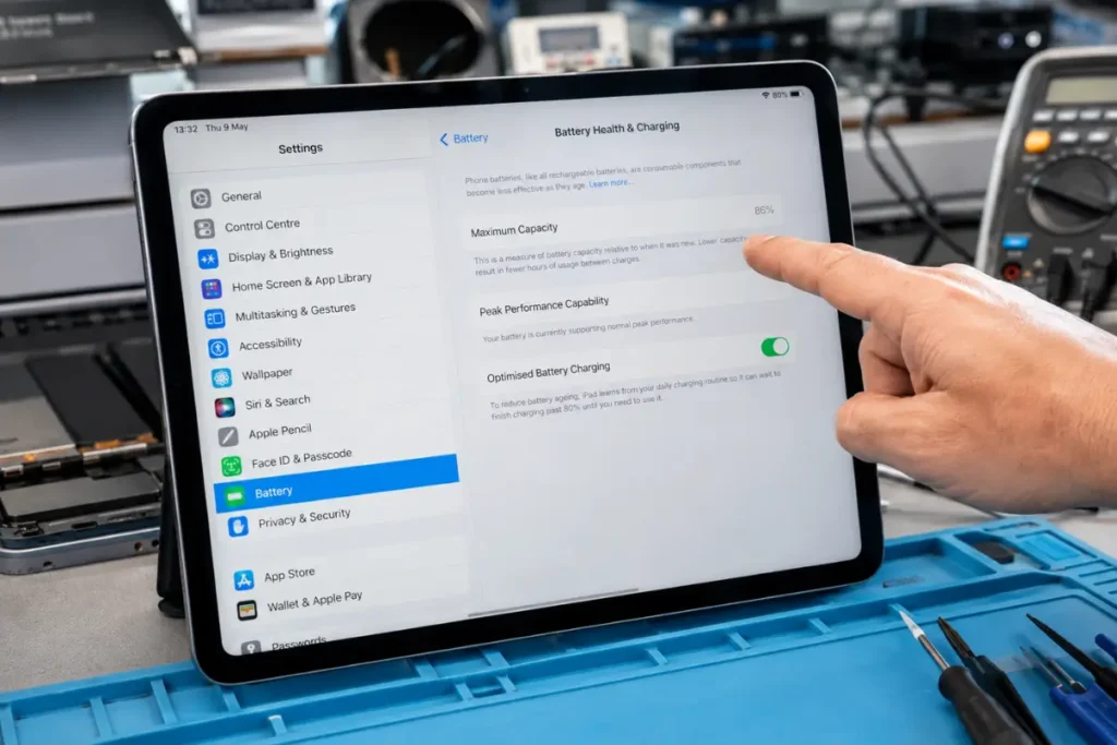 iPad battery health check showing 86% maximum capacity while a technician inspects the device