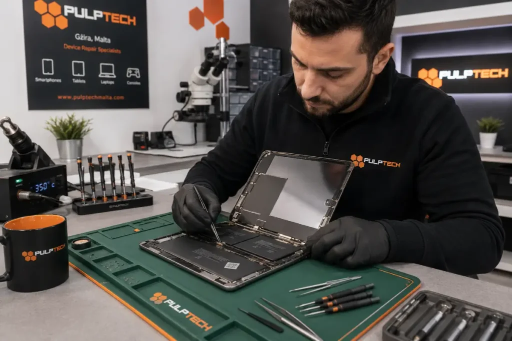 PulpTech technician performing iPad battery replacement in a professional repair shop in Gżira Malta