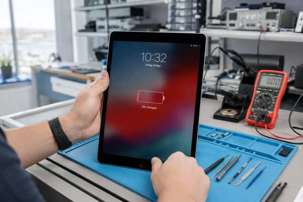 iPad battery draining fast, iPad with 3% battery being inspected by a repair technician on a professional electronics workbench in Malta