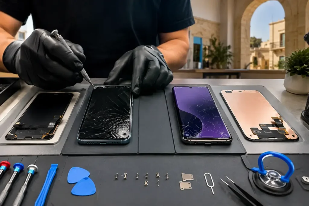 Professional iPhone and Samsung screen replacement repair with cracked displays, replacement panels and precision tools in Malta