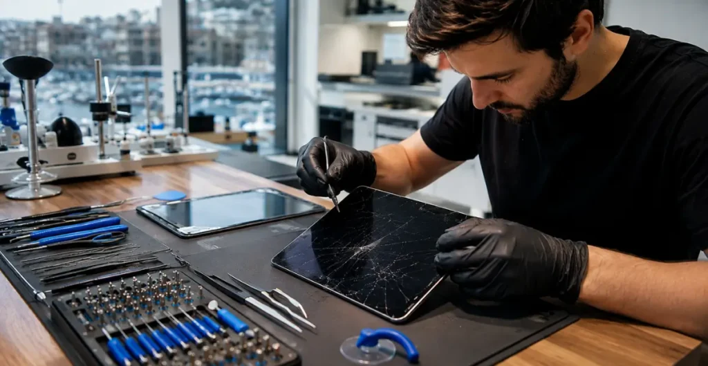 Professional technician inspecting a severely cracked Apple iPad display using precision repair tools inside a modern mobile repair workshop in Malta.