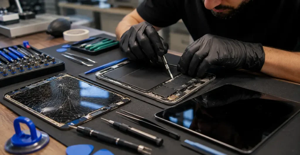Professional technician replacing a cracked Apple iPad screen with a new display using precision repair tools inside a modern repair center in Malta.