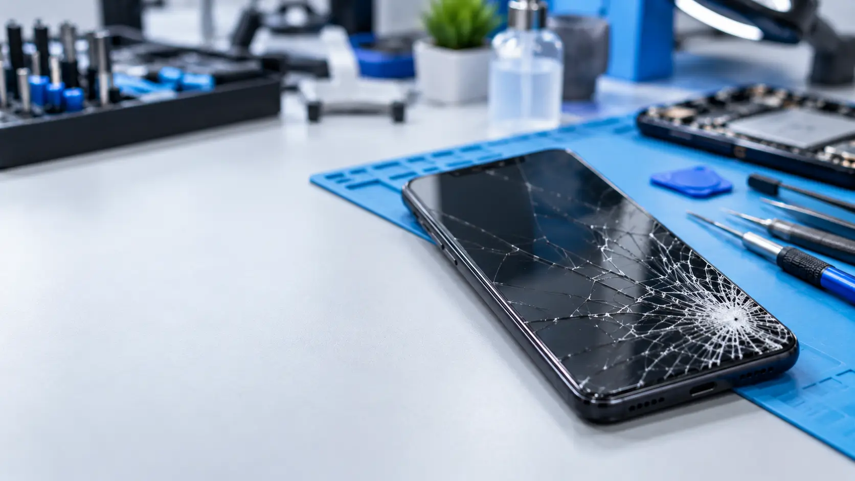 Cracked Huawei smartphone screen on a phone repair technician's workbench
