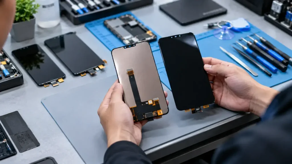 Genuine and aftermarket smartphone display assemblies compared on a repair workbench