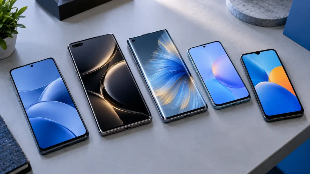 Various Huawei smartphone designs with different screen sizes and display styles