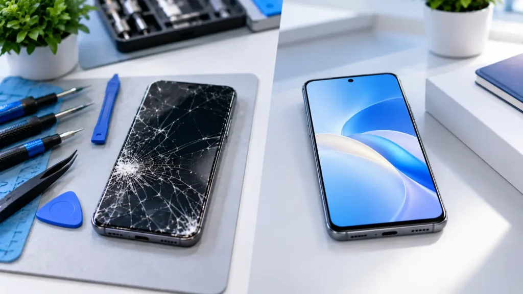 Cracked smartphone beside a new phone with repair tools on a desk
