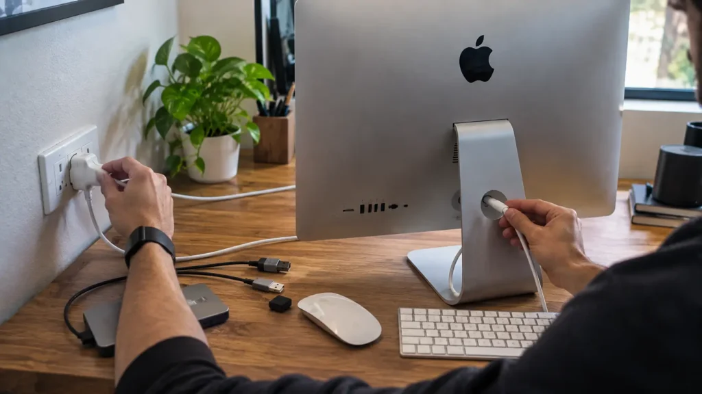 Person checking an iMac power cable connection at the back of the computer and wall outlet
