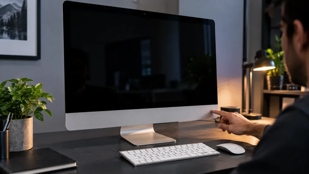 iMac with a black screen and a person's hand near the power button on a minimalist desk
