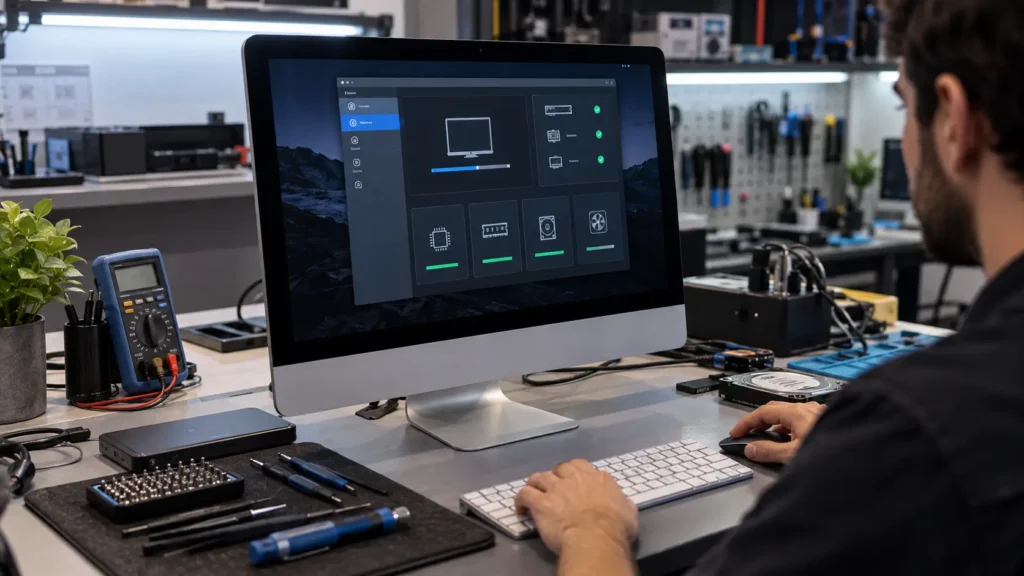 Technician performing hardware diagnostics on an iMac using a diagnostic interface and professional testing equipment