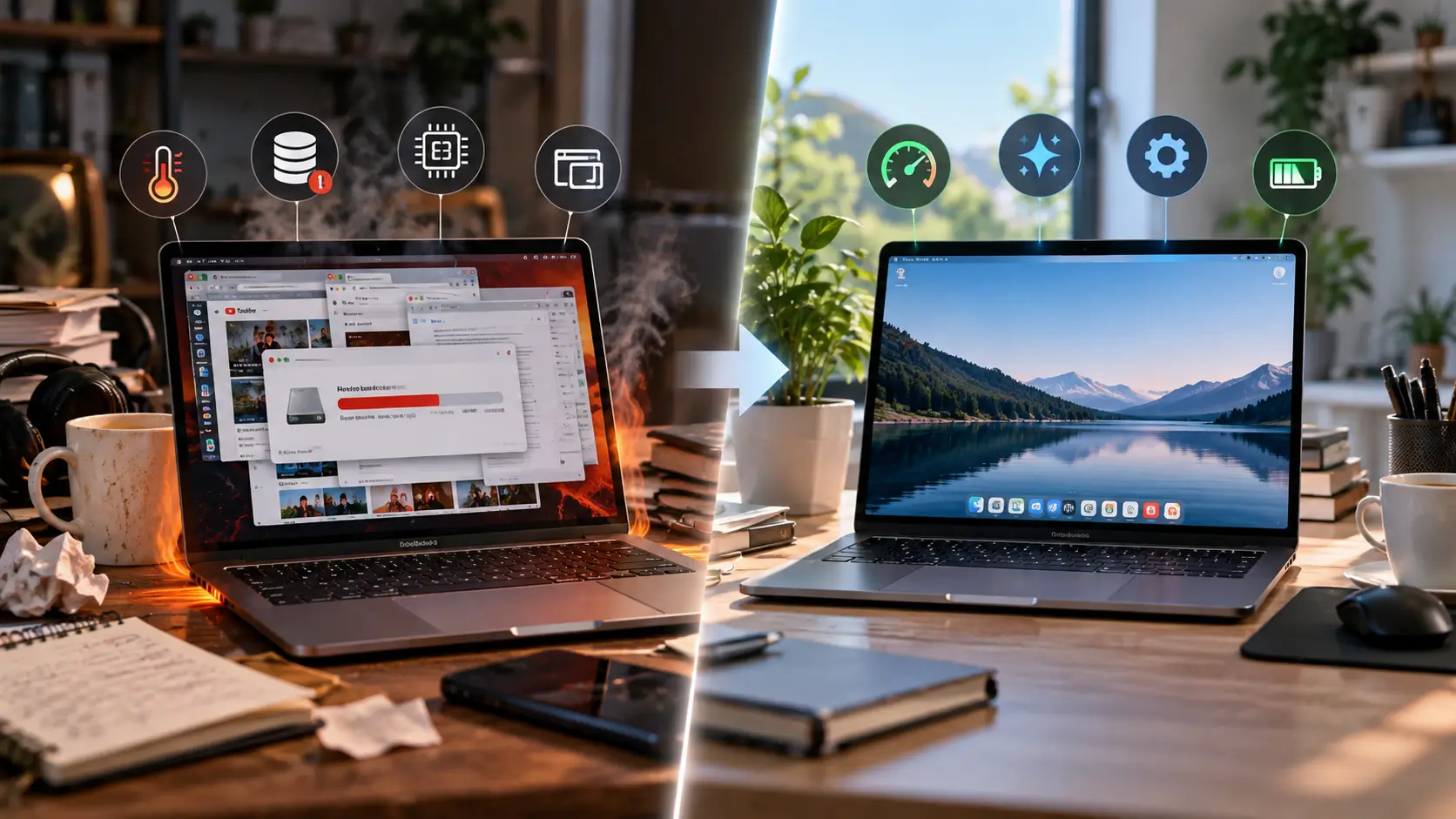Split-screen laptop showing slow performance from overheating and full storage versus a clean, smoothly running laptop