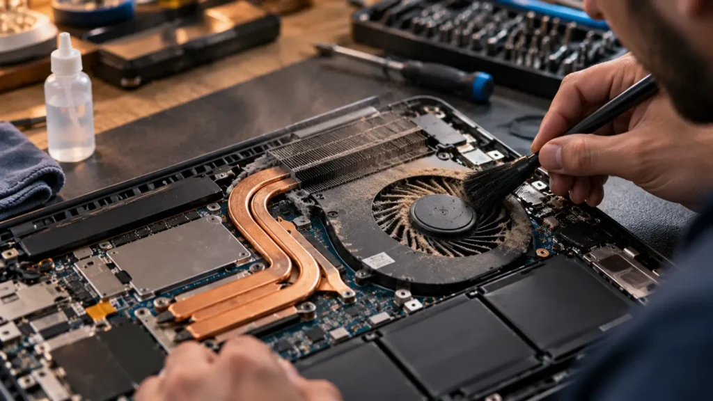Technician cleaning a dusty laptop cooling fan and heat pipes during professional repair