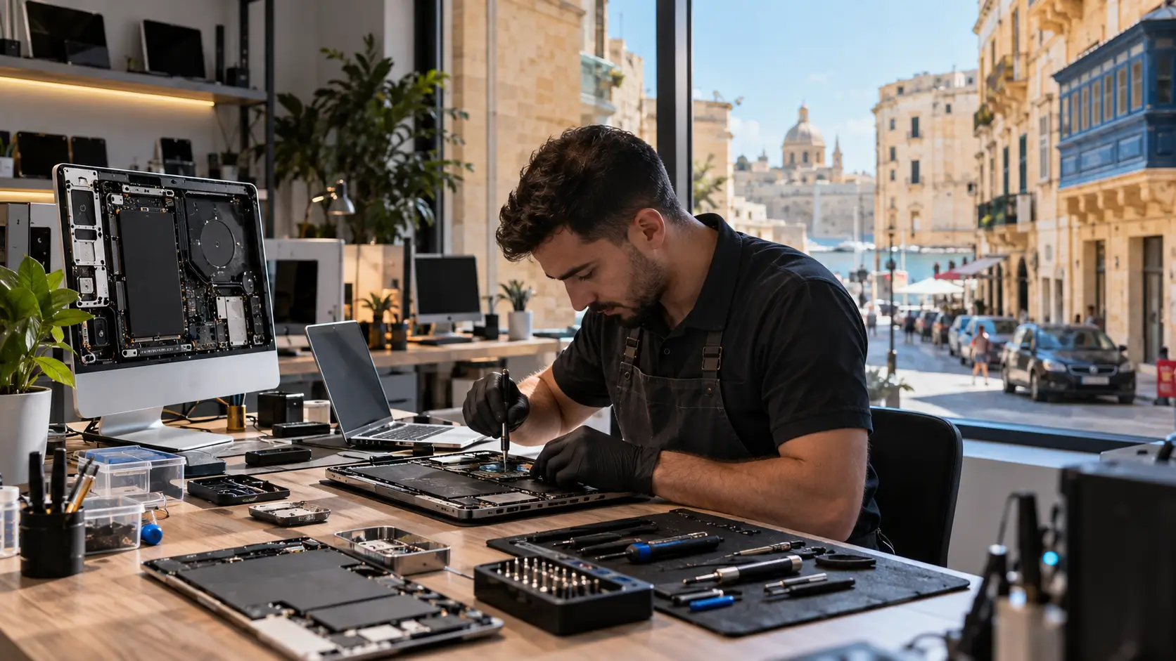Professional computer repair technician inspecting a laptop inside a repair shop in Malta